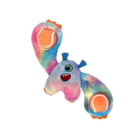 KONG Woozles Monster Assorted zacht pluche hondenspeeltje met tennisbal-armen en piepers.