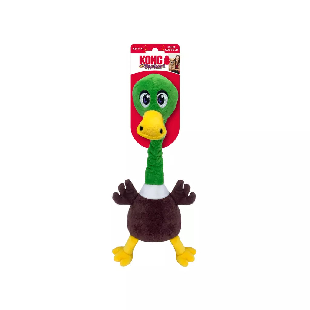 KONG Shakers Bobz Eend hondenspeeltje met lange rekbare nek, pieper en pluche lijf.