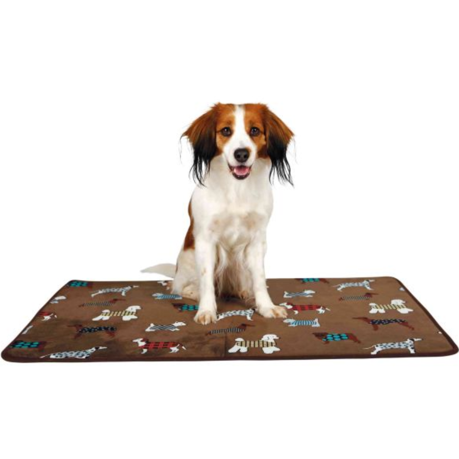 TRIXIE Ligmat FunDogs bruin 90x68x1 cm – korthaar pluche hondenmat (polyester) met dunne schuimrubber vulling en antislip onderkant