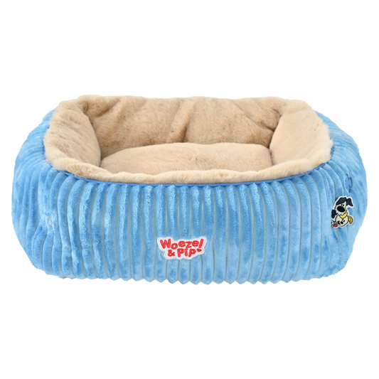 Woezel & Pip divan corduroy vierkant blauw – zachte pluche binnenkant, opstaande rand en tweezijdig kussen – maat 50 of 60 cm
