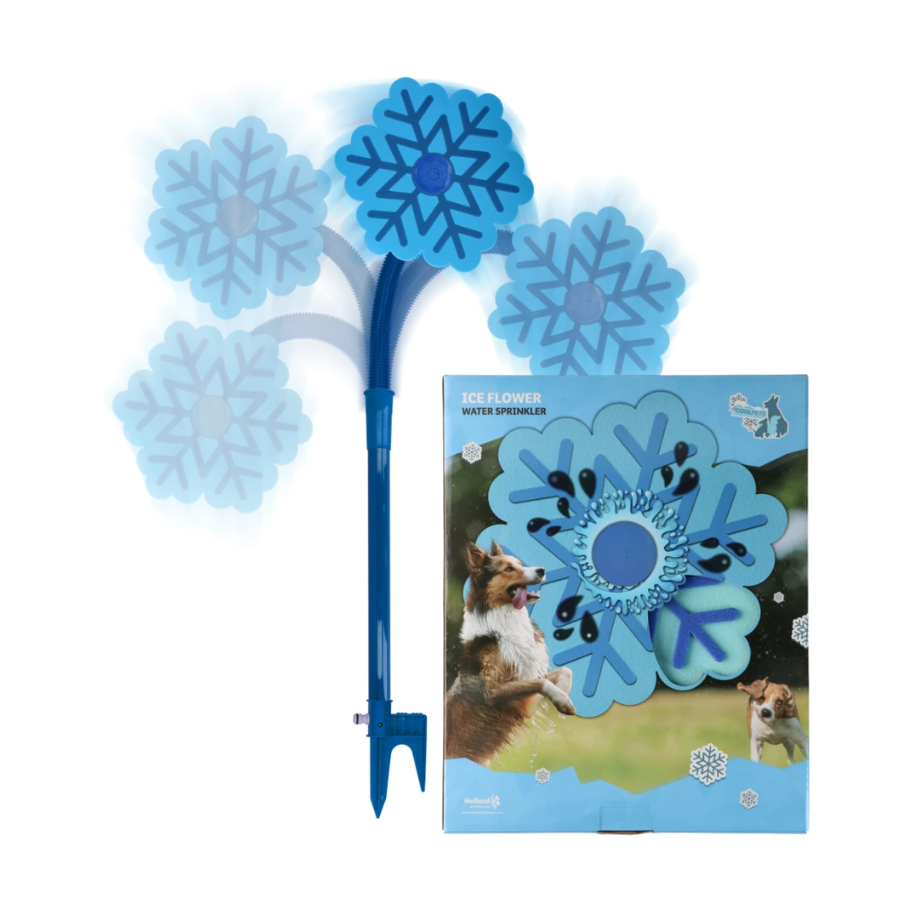 CoolPets Ice Flower watersproeier voor honden in bloemvorm, aan te sluiten op de tuinslang.