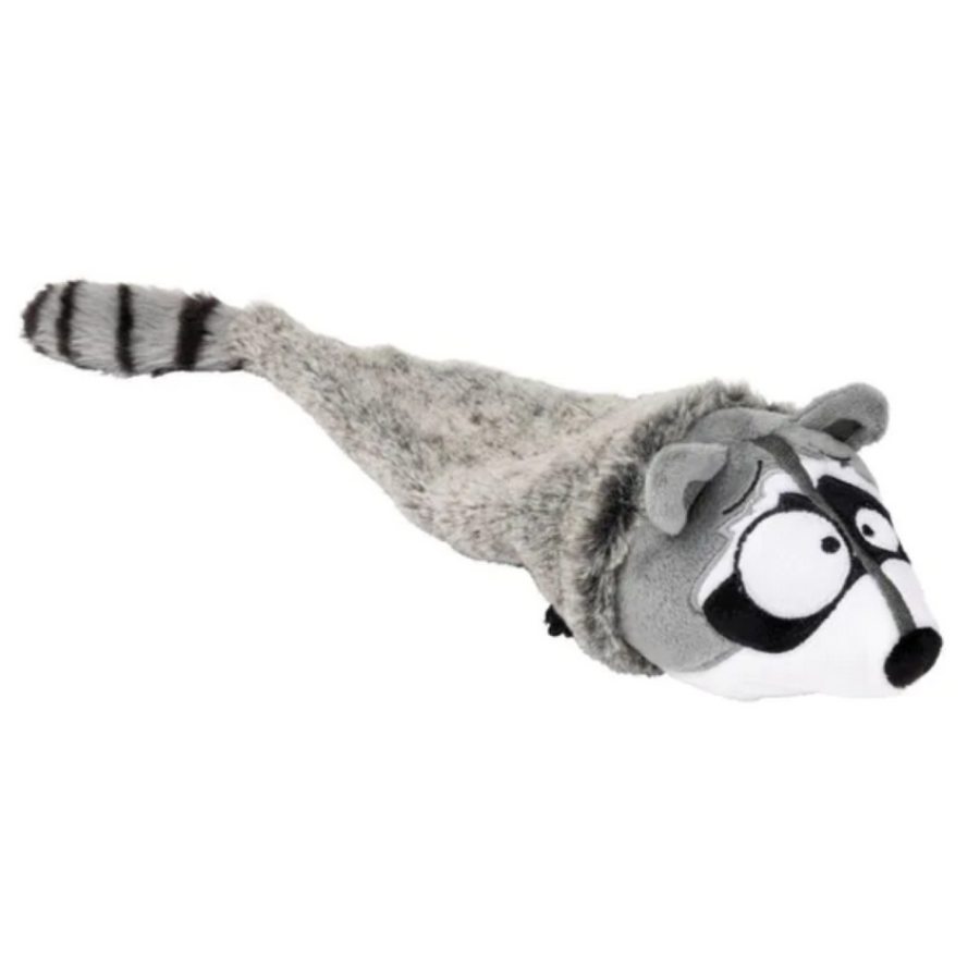 FuzzYard The Yeetz Run Along Racoon pluche hondenspeeltje met pieper en verzwaarde kop.