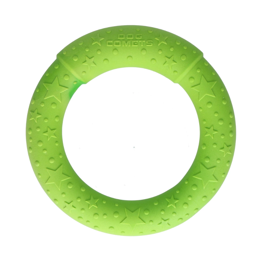 Dog Comets UFO Ring groen hondenspeeltje van TPR schuimrubber, drijvende werpring voor apporteren en trekspelletjes.