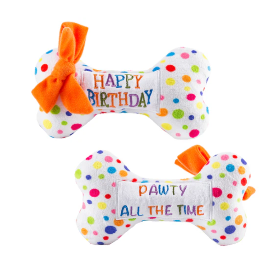 Haute Diggity Dog Happy Birthday Bone pluche hondenspeeltje met pieper in botvorm.