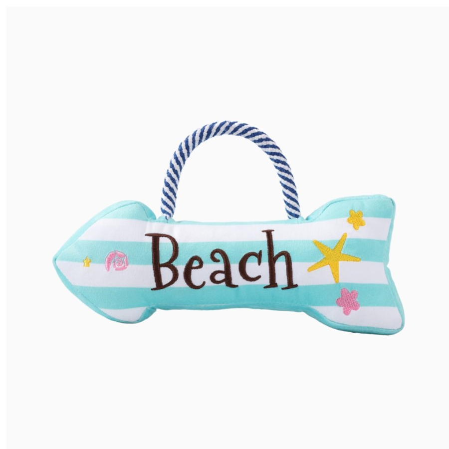 Hugsmart Beach Daze Beach Sign hondenspeeltje in strandthema met wegwijzerdesign.