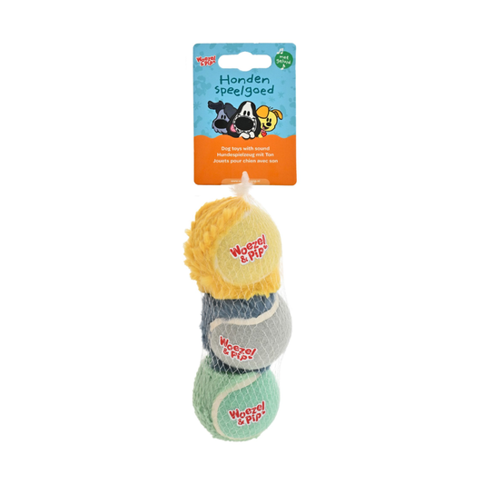 Woezel & Pip tennisballen 3-pack Ø6,5 cm – hondentennisbal met pluche zijde en logo zijde