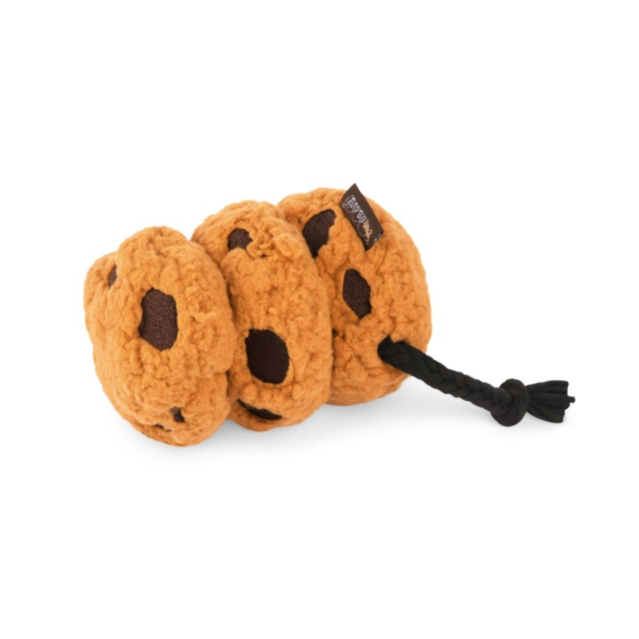 P.L.A.Y. Pup Cup Café Cookies N’ Treats hondenspeeltje met drie koekjes aan een stevig touw.