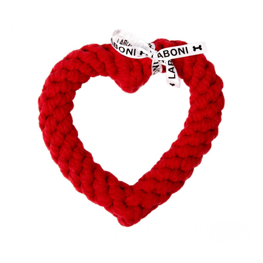 LABONI Mini Heart hondenspeeltje van rood katoenen touw in hartvorm