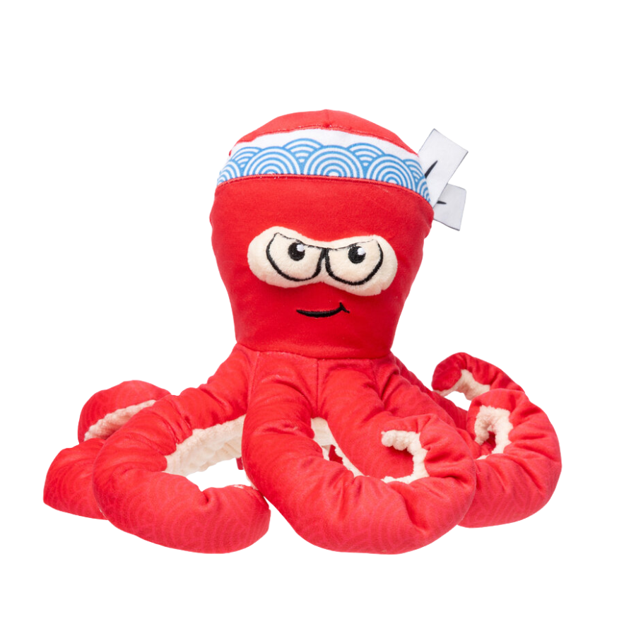 FuzzYard Octo-Pose Takoyaki zacht hondenspeeltje in octopusvorm met elastische poten en pieper.