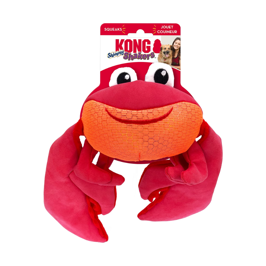 KONG Shakers Shimmy Crab hondenspeeltje met grote slappe scharen, pieper en knispergeluid.
