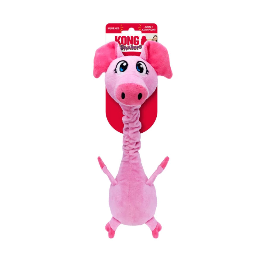KONG Shakers Bobz Pig hondenspeeltje met lang lijf, slappe nek en pieper.