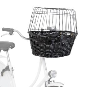 Trixie zwarte rieten hondenfietsmand voor aan het stuur met draadkoepel