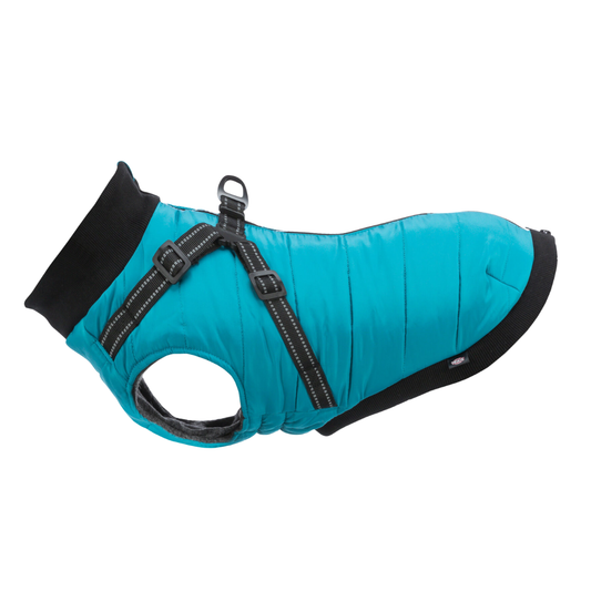 Trixie Pontis hondenjas met geïntegreerd tuig in aqua – warme en verstelbare jas voor honden