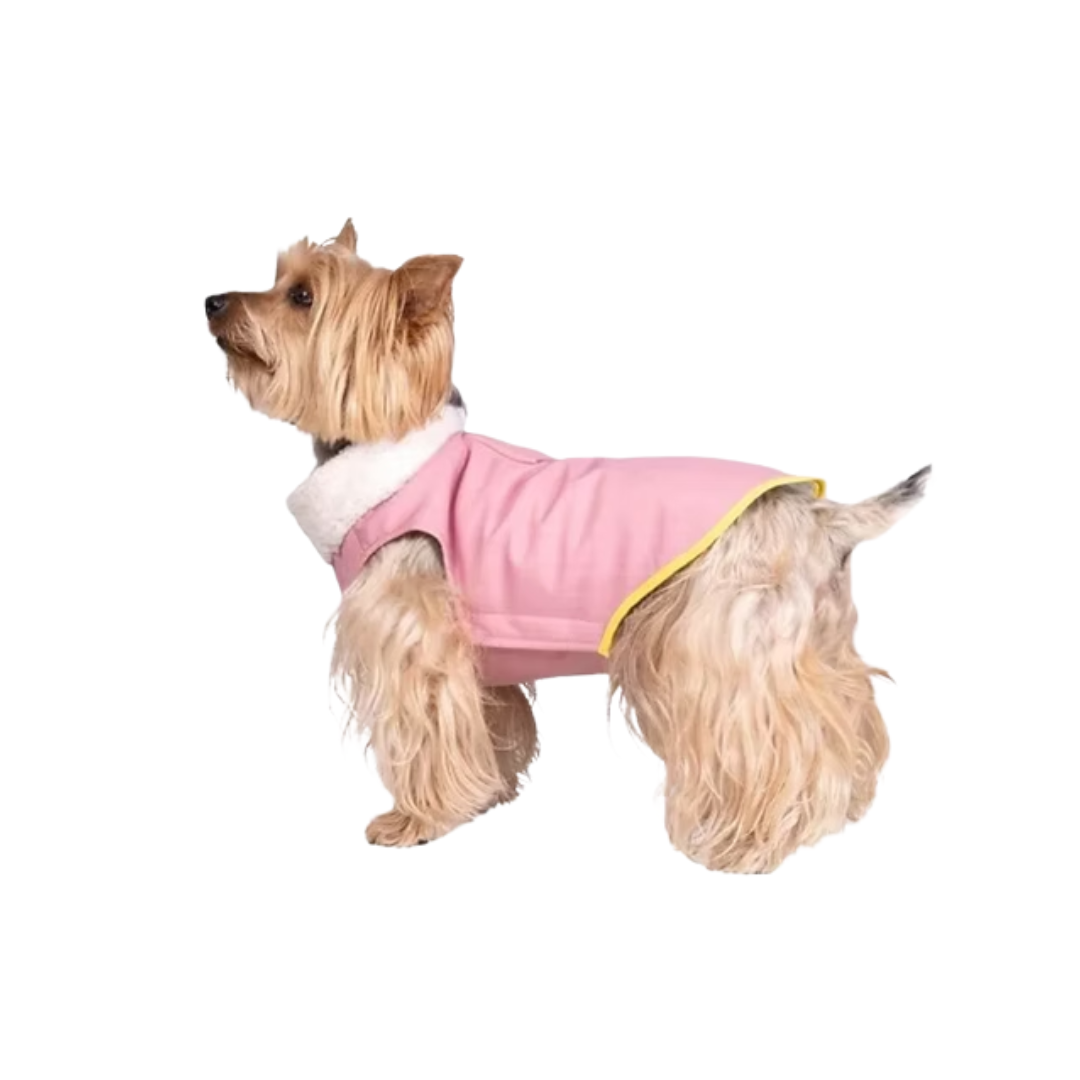 Tompouce Regenjas roze softshell met gele bies en witte binnenvoering – waterdichte hondenjas
