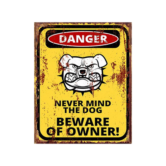 Clayre & Eef tekstbord hond warning – geel metalen wandbord 20x25 cm