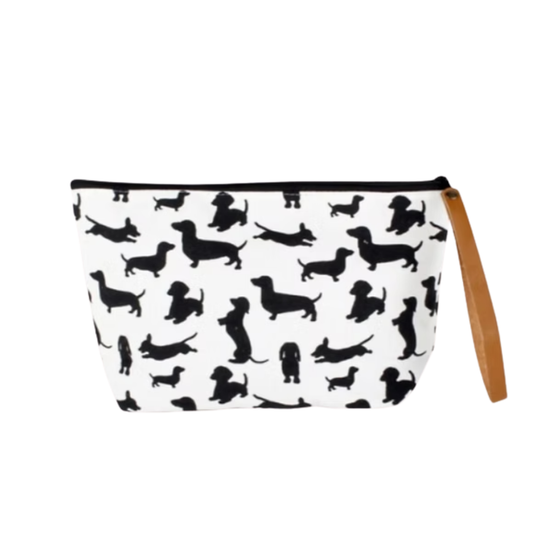 Katoenen toilettas met teckels zwart wit – hand gezeefdrukt, met rits en draagriempje (17x28 cm)