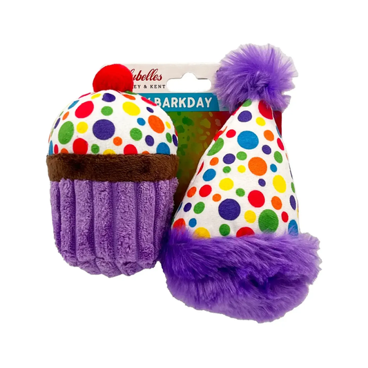 Huxley & Kent Lulubelles Tiny Tuff It’s My Barkday hondenspeeltjes cupcake en feesthoed