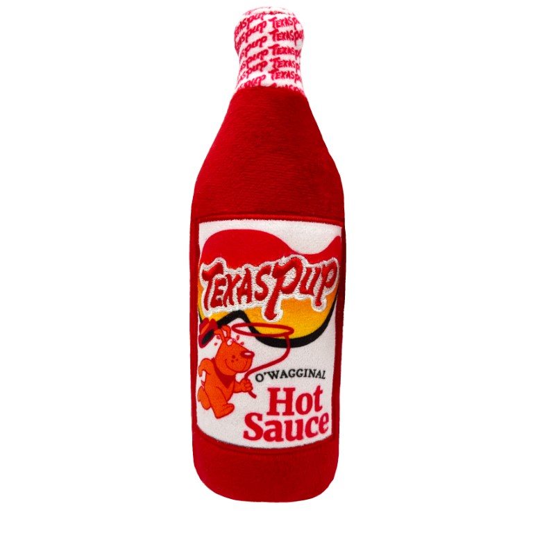 Groot pluche hondenspeeltje in hot sauce vorm met pieper. Voorzien van extra stevige meshstof en eenvoudig te wassen.
