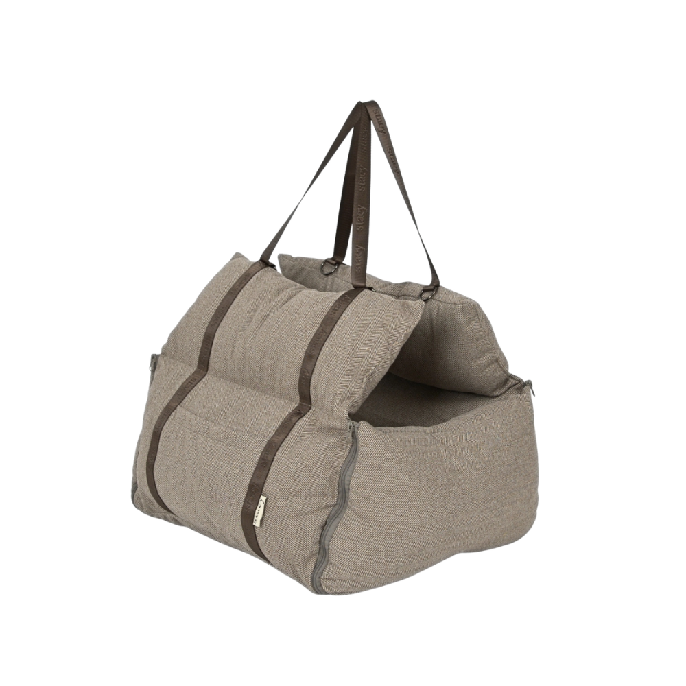 Thea 3-in-1 Honden Autostoel, Draagtas & Reisbed – Visgraat Mocca