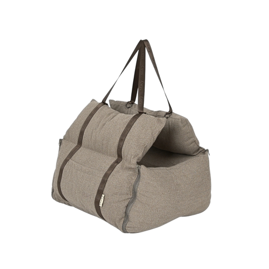 Thea 3-in-1 Honden Autostoel, Draagtas & Reisbed – Visgraat Mocca