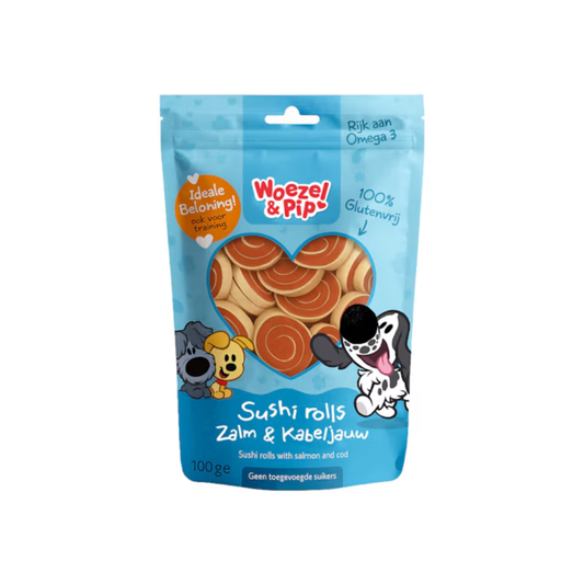 Woezel & Pip Sushi Rolls – Hondensnacks met Zalm & Kabeljauw 100 g