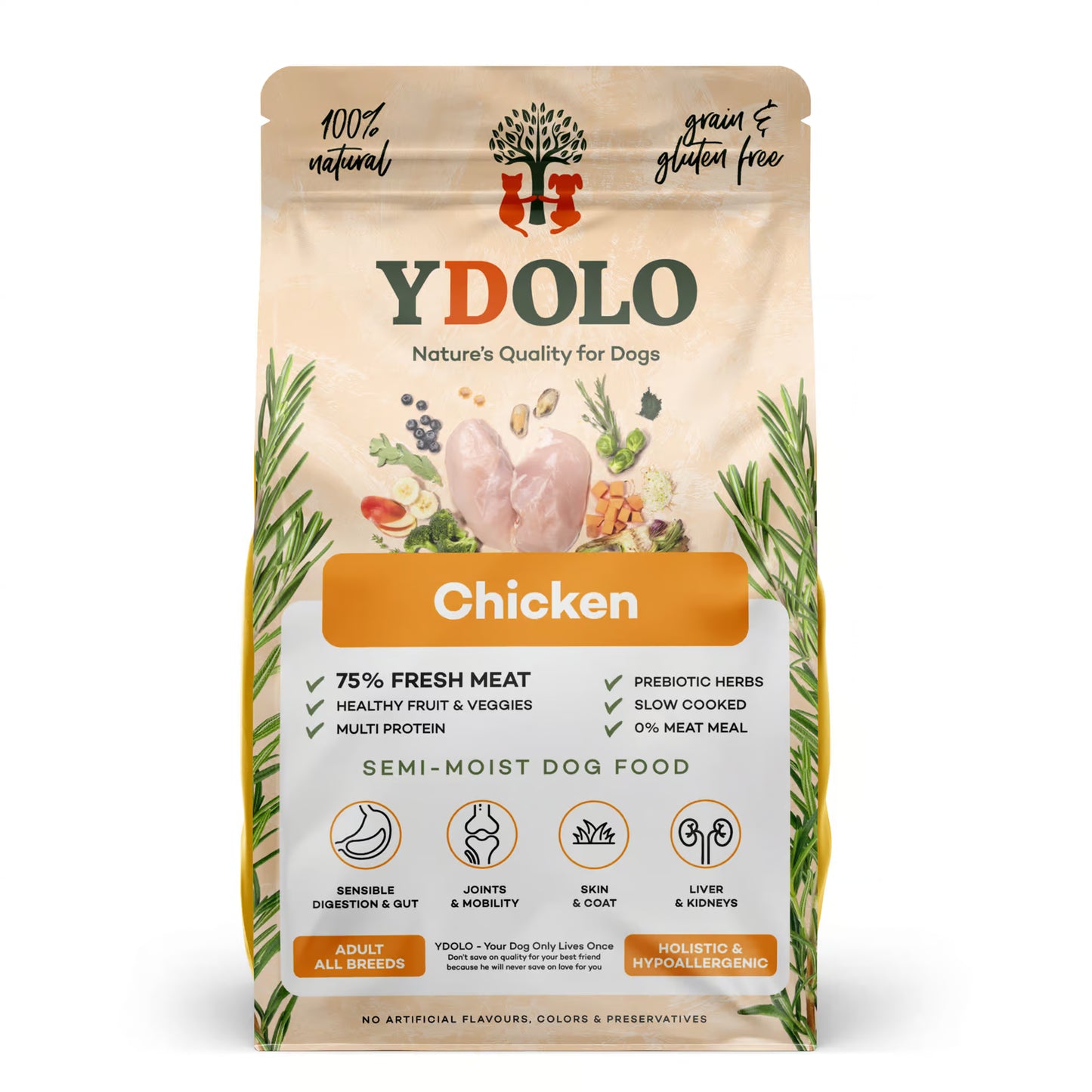 YDOLO Healthy & Pure Chicken – Semi-Moist Drooghondenvoer (2,5 kg & 10 kg)