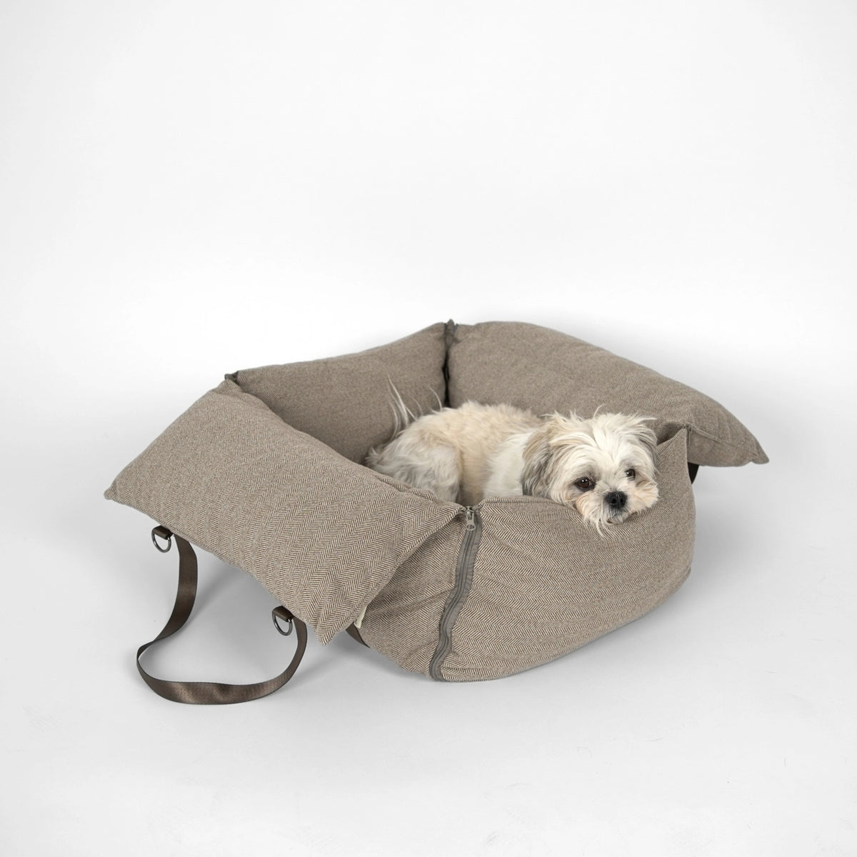 Thea 3-in-1 Honden Autostoel, Draagtas & Reisbed – Visgraat Mocca
