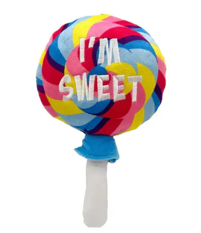 Lulubelles Power Plush I’m Sweet Lollipop – Candy-kleurig hondenspeelgoed in Small en Large, met pieper en mesh-versteviging