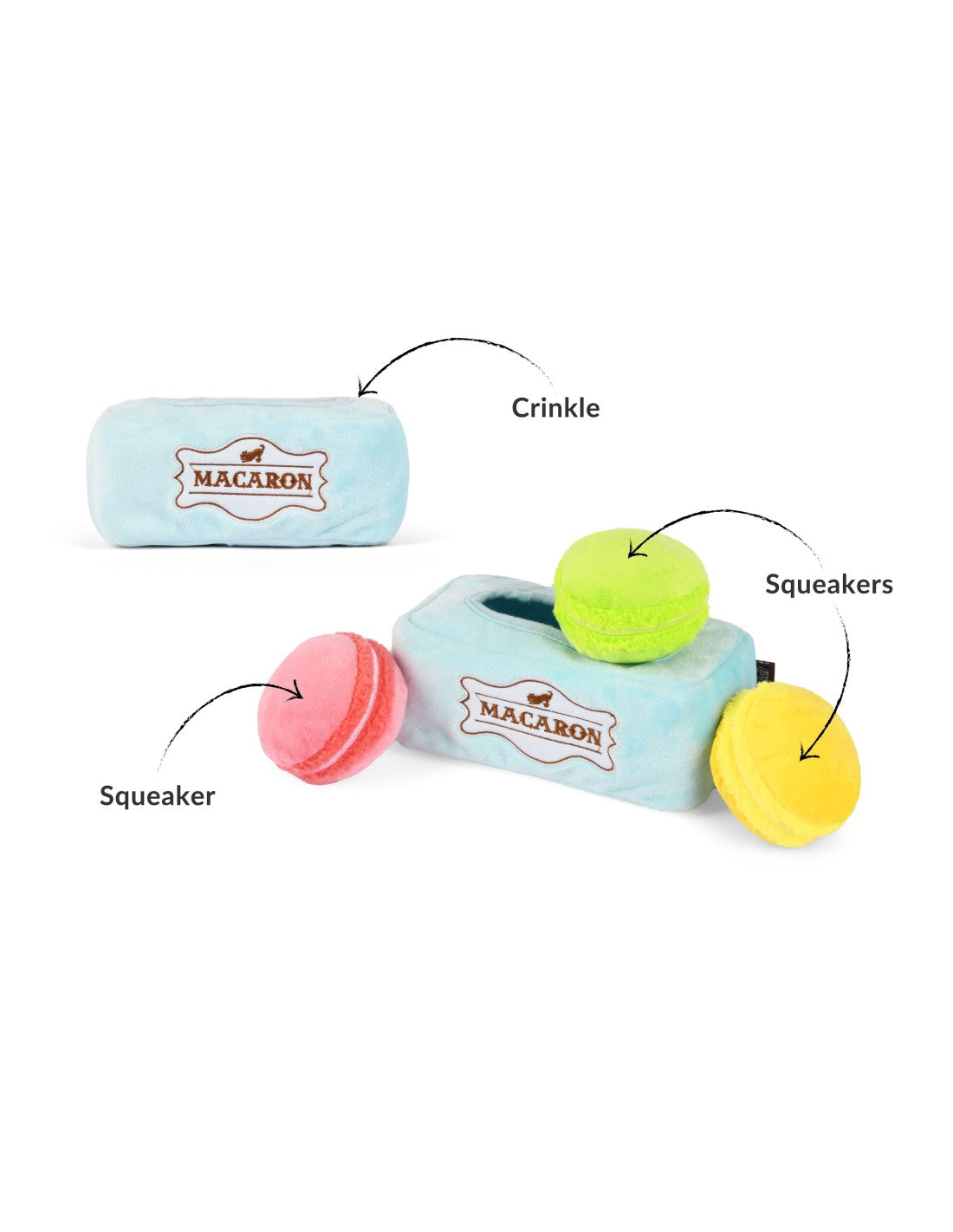 P.L.A.Y. Pup Cup Café Mutt-a-rons – Macaron Doosje Hondenspeeltje met Piepers & Knisper