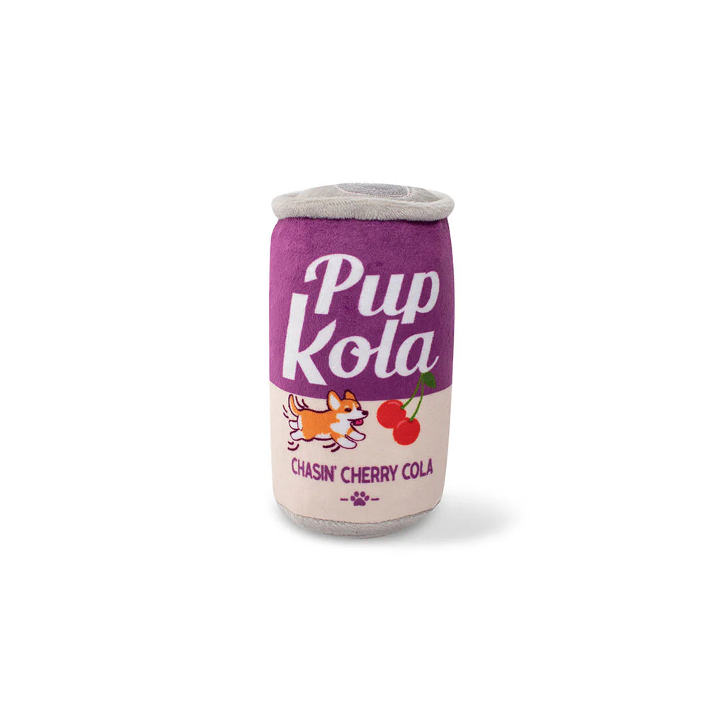 Pup Kola Plush Dog Toy – pluchen frisdrankblikje (Cherry Cola) met pieper en krinkelpapier