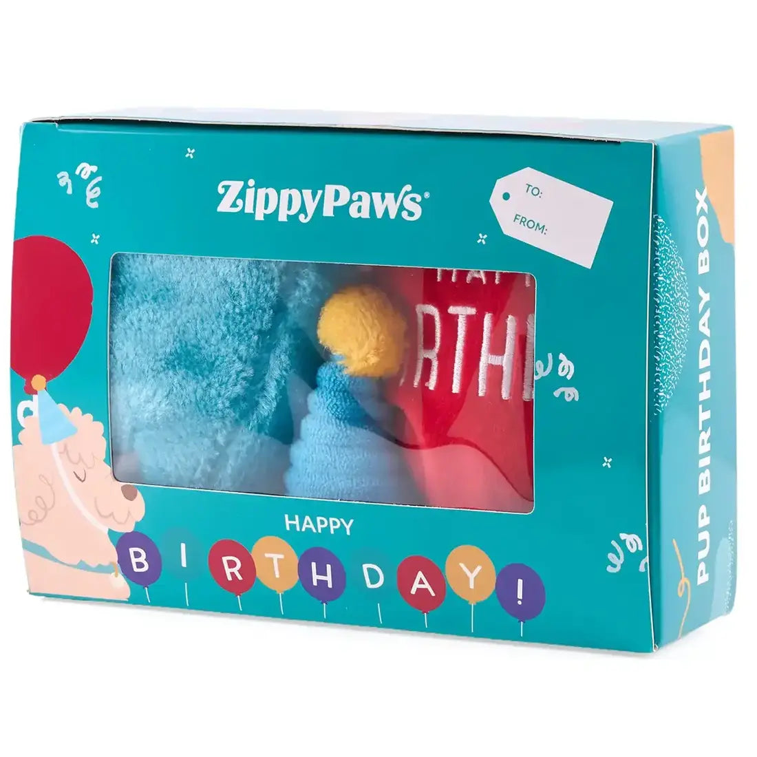 ZippyPaws Pup Birthday Box Blue – Verjaardagsspeelset voor Honden (Taart, Ballon & Feesthoedje)