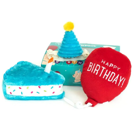 ZippyPaws Pup Birthday Box Blue – Verjaardagsspeelset voor Honden (Taart, Ballon & Feesthoedje)