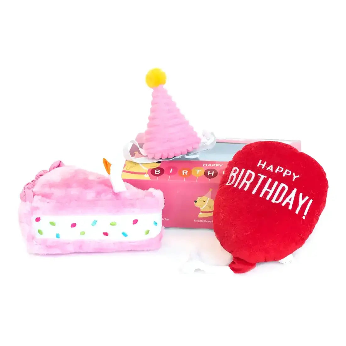 ZippyPaws Pup Birthday Box Pink – verjaardagsspeelset voor honden met pluche taart, ballon en feesthoedje